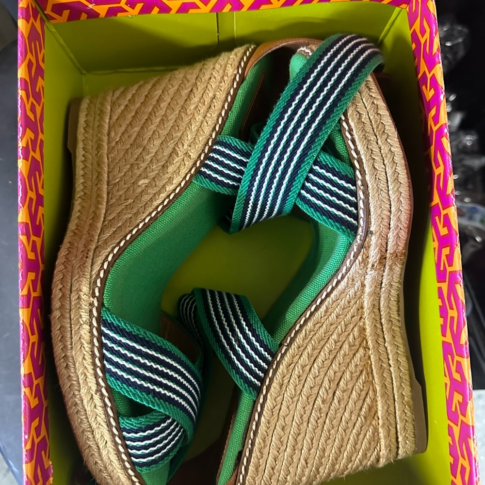 Tory Burch Green and Tan Wedge Espadrilles